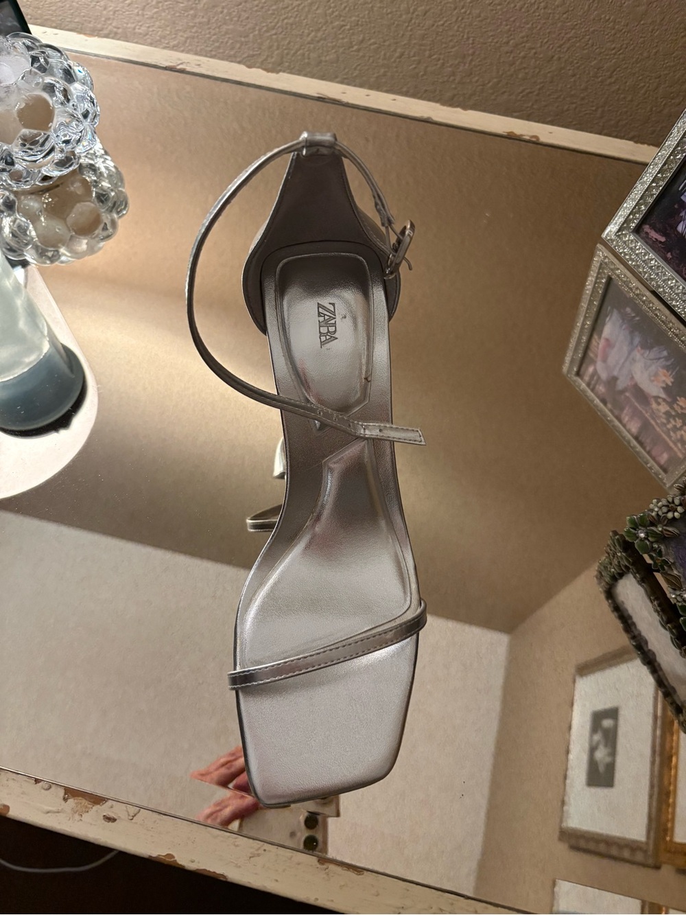 Zara Silver Square-Toe Ankle-Strap Heels